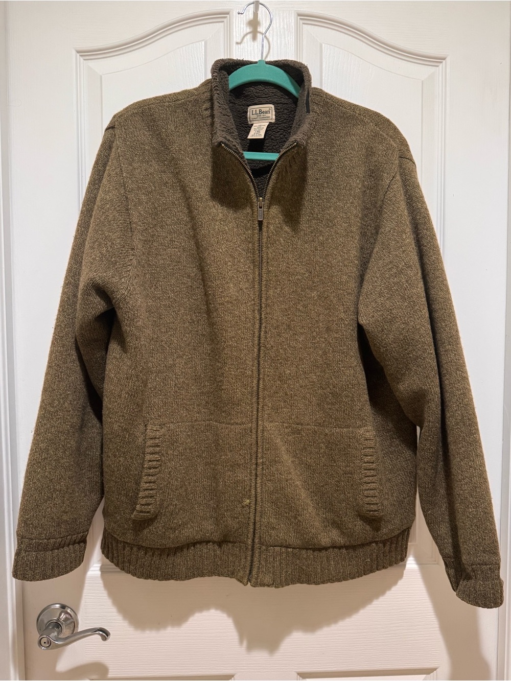 L.L.Bean Men’s Lambswool Full Zip Sweater Jacket Fleece Lined Olive Green Large